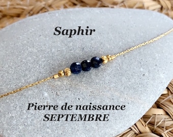 Bracelet pierre de naissance * SEPTEMBRE * Saphir * perles naturelles gemme et acier inoxydable doré, minimaliste