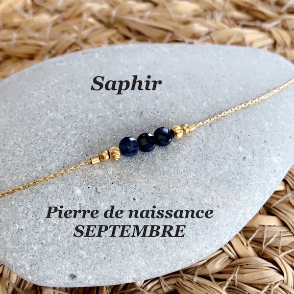 Bracelet pierre de naissance * SEPTEMBRE * Saphir * perles naturelles gemme et acier inoxydable doré, minimaliste