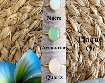 Bague Plaqué Or pierre Aventurine, Agate, Quartz rose, Nacre, Malachite,Blue sand, Labradorite, Jade, ajustable, gemme