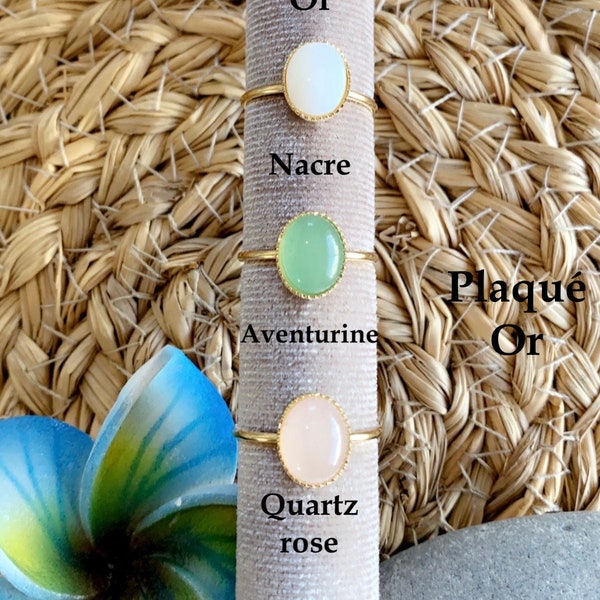 Bague Plaqué Or pierre Aventurine, Agate, Quartz rose, Nacre, Malachite,Blue sand, Labradorite, Jade, ajustable, gemme