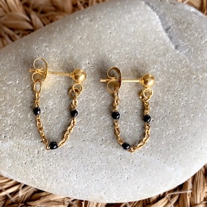 Paire de boucles d'oreille pendantes mini chaine perles émaillées acier inoxydable doré 5- noir