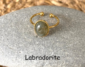 Bague pierre Aventurine, Agate, Quartz rose, Nacre, Malachite,Blue sand, Labradorite, Jade, ajustable, doré à l’or 24K, gemme