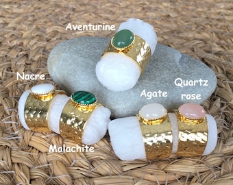 Bague jonc pierre Aventurine, Agate, Quartz rose, Nacre, Malachite,Blue sand, doré à l’or 24K, naturelle gemme