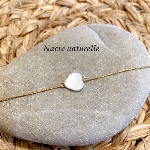 Bracelet COEUR nacre naturelle pierre gemme chaine acier inoxydable doré minimaliste