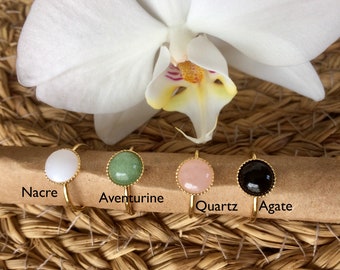 Bague pierre ronde 8mm Aventurine, Agate, Quartz rose, Nacre, Cornaline, Amazonite, ajustable, doré à l’or, gemme