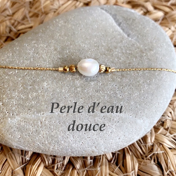 Bracelet Perle d'eau douce, chaine fine acier inoxydable doré, pierre naturelle gemme