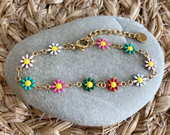 Bracelet FLEURS émaillées chaine acier inoxydable doré * multicolore *