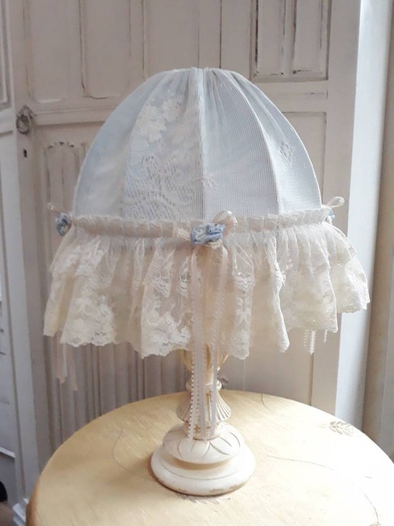 Country Style Vintage Lampshade Lace And Frill Light Blue Fabric For Table Lamp Or Pendant Ceiling Fitting