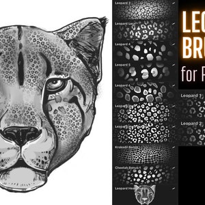 May include: Black and white illustration of a cheetah's face, with detailed shading and spots. The image also features various leopard print patterns and the text "LEOPARD BRUSHES for Procreate". A Procreate app icon is in the corner.