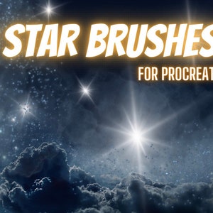 May include: A digital illustration of a starry night sky with a bright star in the centre. The text "40 STAR BRUSHES FOR PROCREATE" is displayed in a yellow box.