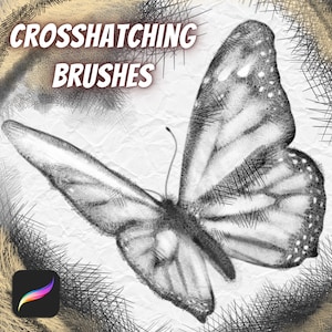 Puede incluir: Una ilustración en blanco y negro de una mariposa dibujada con líneas de sombreado cruzado. La imagen está rodeada por un borde de líneas de sombreado cruzado. El texto "CROSSHATCHING BRUSHES" está en la parte superior de la imagen.