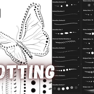 May include: A black and white illustration of a butterfly made of dots. The image is labeled "DOTTING" and shows a variety of dot brushes for digital art.
