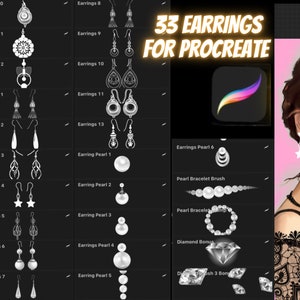 Può includere: Un set di 33 disegni digitali di orecchini per Procreate, con una varietà di stili, tra cui disegni di perle e diamanti. L'immagine include anche un pennello per creare braccialetti di perle.