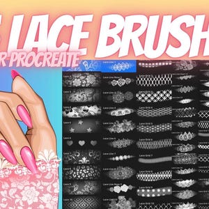 May include: Digital art brushes for Procreate. The image shows 65 lace brushes, with diverse lace patterns. A hand with long pink nails and a lace cuff is also visible, along with the Procreate app logo.