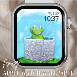 May include: A green frog with large eyes sits in a stone well, with a blue sky and white clouds in the background. The time is 10:37 on a Tuesday. Apple Watch wallpaper.