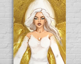 Könnte beinhalten: Ein digitales Gemälde einer Frau mit langen weißen Haaren und einem weißen Kleid. Sie ist von einem goldenen Heiligenschein und Flügeln umgeben. Der Hintergrund ist golden.