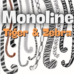 Könnte beinhalten: Eine digitale Illustration einer Sammlung von Tiger- und Zebrastreifen in verschiedenen Mustern. Die Streifen sind in einer geschwungenen Form angeordnet, die an Schwänze erinnert. Der Text "Monoline Tiger & Zebra" wird über den Streifen angezeigt.