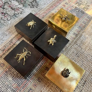 Könnte beinhalten: Fünf kleine quadratische Boxen mit verschiedenen Insekten- und Tiermotiven. Die Boxen sind aus Holz und Messing. Die Motive umfassen einen Käfer, eine Schildkröte, eine Biene, eine Heuschrecke und einen Skarabäus.