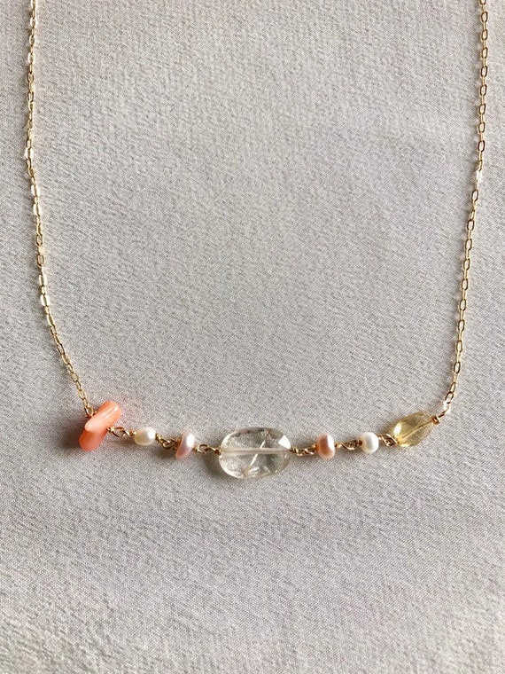 Collana riempita in oro 14k, collana rosario, gioielleria raffinata, collana multigemstone, quarzo rutilato, made in Italy