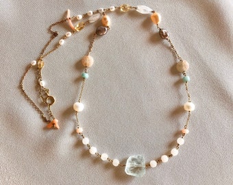 Lunga collana piena d'oro 14k, collana Multi Gemstone, collana rosario, gioielli Multi Gemstone, catena piena d'oro 14k avvolta a mano