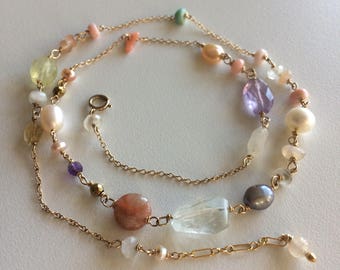 Long 14k Gold filled Necklace, Long Gemstone Necklace, Multi Gemstone Necklace, Multi Gemstone Jewelry, handwrapped 14k gold filled chain