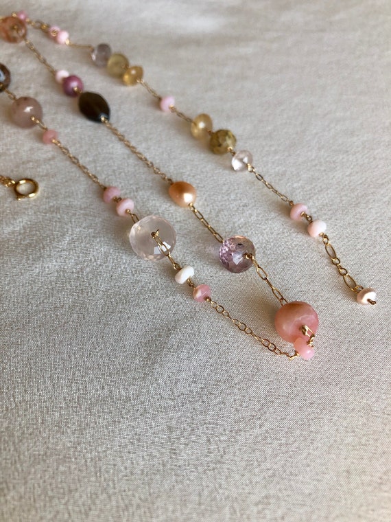 Morganite Cloudy Quartz & White Pearl Necklace - 58cm Morganite Cloudy Quartz & White Pearl Necklace - 58cm