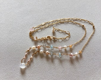 Collana piena d'oro 14k, collana rosario, collana di perle, collana acquamarina, gioielleria raffinata, avvolta a mano, made in Italy