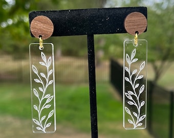 Bar earrings, statement earrings, nature-inspired jewelry, branch earrings, leaf earrings, clear acrylic, wooden post earrings, handmade