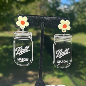 Ball Mason Jar Earrings, Canning Earrings, Acrylic Mason Jar Earrings, Homesteader, Handmade, Statement Earrings, Cute, Rustic, Country