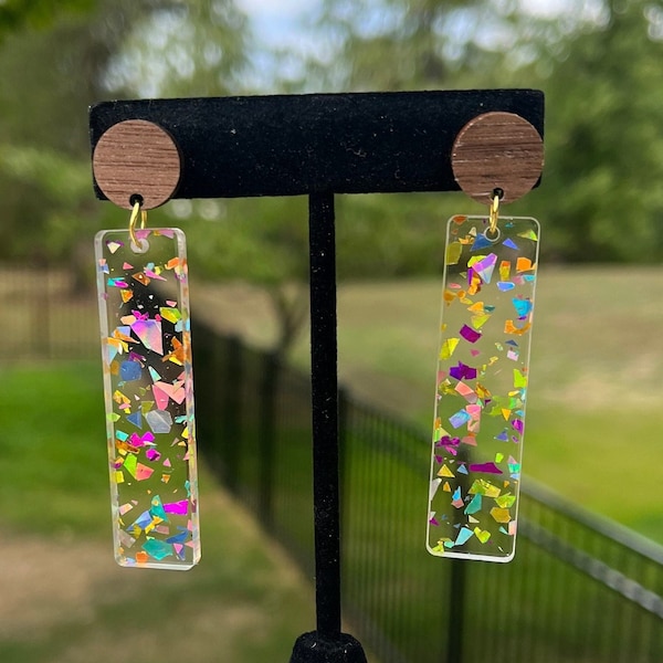 Acrylic Confetti Glitter Earrings, Drop Earrings, Rainbow Confetti, Boho Earrings, Statement Earrings, Stainless Steel, Handmade, Cute