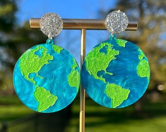 Earth-Themed Earrings, Blue Pearl Acrylic, Green, Silver Glitter, Lightweight, Expressive, Geography Teachers, Social Studies, Earth Lovers