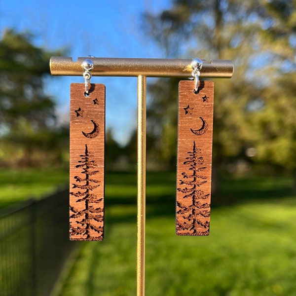 Woodland Bar Earrings, Lightweight Wood, Engraved Forest Scene, Outdoor Jewelry, Nature-Inspired, Expressive Earrings, Boho, Nature Lovers