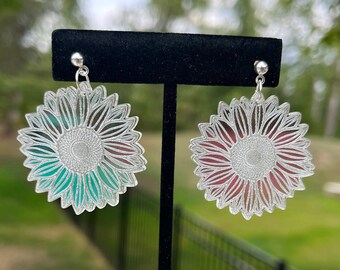 iridescent sunflower earrings, statement earrings, quirky earrings, sunflower, expressive jewelry, lightweight earrings, unique earrings