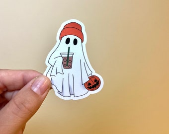 ghost sticker, iced coffee sticker, vinyl decal, waterproof sticker, Halloween sticker, laptop sticker, spooky, spooky coffee lover gift