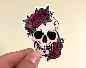 floral skull sticker, true crime sticker, vinyl decal, waterproof sticker, laptop sticker, skull enthusiast gift, macabre decal, waterproof