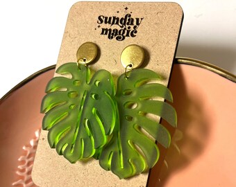Monstera Palmetto Leaf Earrings, Frosted Green Acrylic Earrings, Acrylic Earrings, Monstera Palmetto, Hobo Earrings, Handmade, Acrylic, Cute