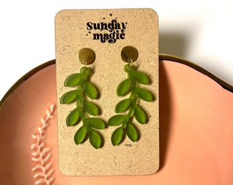 Frosted Green Acrylic Leaf Earrings, Leaf Earrings, Handmade Earrings, Frosted Green, Boho Earrings, Acrylic Earrings, Plant Lover, Cute