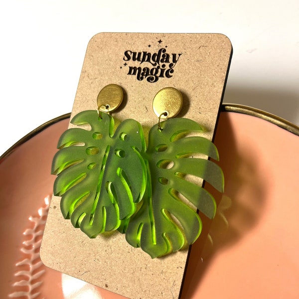 Monstera Palmetto Leaf Earrings, Frosted Green Acrylic Earrings, Acrylic Earrings, Monstera Palmetto, Hobo Earrings, Handmade, Acrylic, Cute