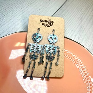 Glitter Skeleton Dangle Earrings, Stainless Steel, Spooky Halloween