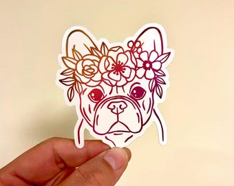French Bulldog sticker, Frenchie sticker, flower crown sticker, vinyl decal, waterproof sticker, laptop sticker,  dog lover gift, waterproof