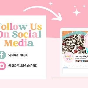 Puede incluir: Un gr&aacute;fico rosa y blanco con el texto "Follow Us On Social Media" e iconos de redes sociales para Facebook e Instagram. El icono de Facebook tiene el texto "SUNDAY MAGIC" y el icono de Instagram tiene el texto "@SHOPSUNDAYMAGIC". La imagen tambi&eacute;n muestra una pantalla de port&aacute;til con una p&aacute;gina de Facebook para "Sunday Magic Collective" con una foto de perfil de una pegatina redonda con el texto "Sunday Magic" en rosa y blanco.