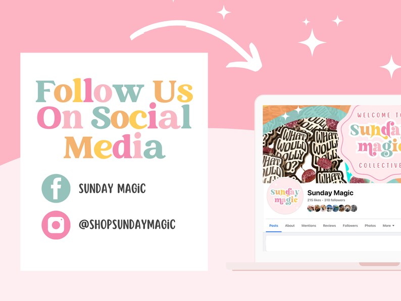 Puede incluir: Un gr&aacute;fico rosa y blanco con el texto "Follow Us On Social Media" e iconos de redes sociales para Facebook e Instagram. El icono de Facebook tiene el texto "SUNDAY MAGIC" y el icono de Instagram tiene el texto "@SHOPSUNDAYMAGIC". La imagen tambi&eacute;n muestra una pantalla de port&aacute;til con una p&aacute;gina de Facebook para "Sunday Magic Collective" con una foto de perfil de una pegatina redonda con el texto "Sunday Magic" en rosa y blanco.