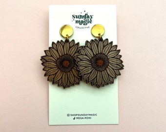 Sunflower Wood Dangle Earrings, Wood Sunflower Earrings, Wood Earrings, Statement Earrings, Sunflower, Handmade Earrings, Drop Earring