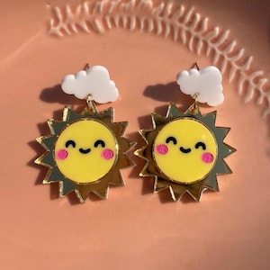 Sun earrings, cloud earrings, gold mirror acrylic, statement earrings, hypoallergenic, sun lover gift, fun earrings, quirky earrings, cute