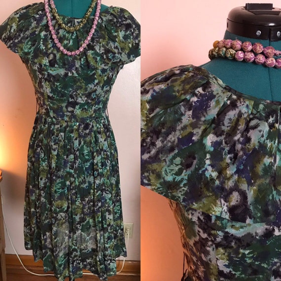 Vintage 1960s Watercolor Ruffle Collar Day Dress