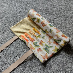 Cream and Metallic Gold Butterfly Print Pencil Roll, Gold Glitter, Beige Ribbon, Crochet Hook Roll, Makeup Brush Holder, Handmade