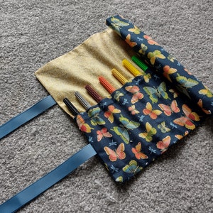 Navy and Metallic Gold Butterfly Print Pencil Roll, Gold Glitter, Blue Ribbon, Crochet Hook Roll, Makeup Brush Holder, Handmade