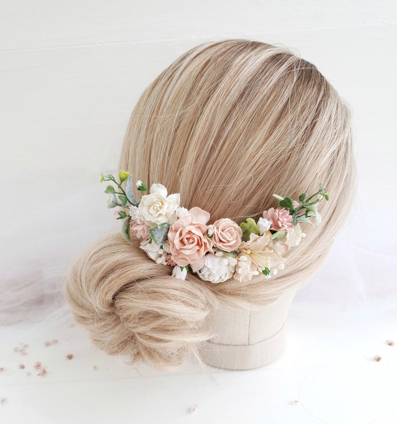 White bridal hair clip Wedding hair piece Blush flower vine Wedding flower vine
