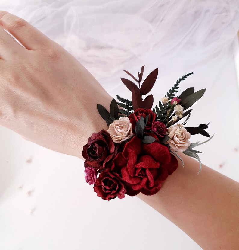 Burgundy Flower wrist corsage Floral wrist corsage | Etsy