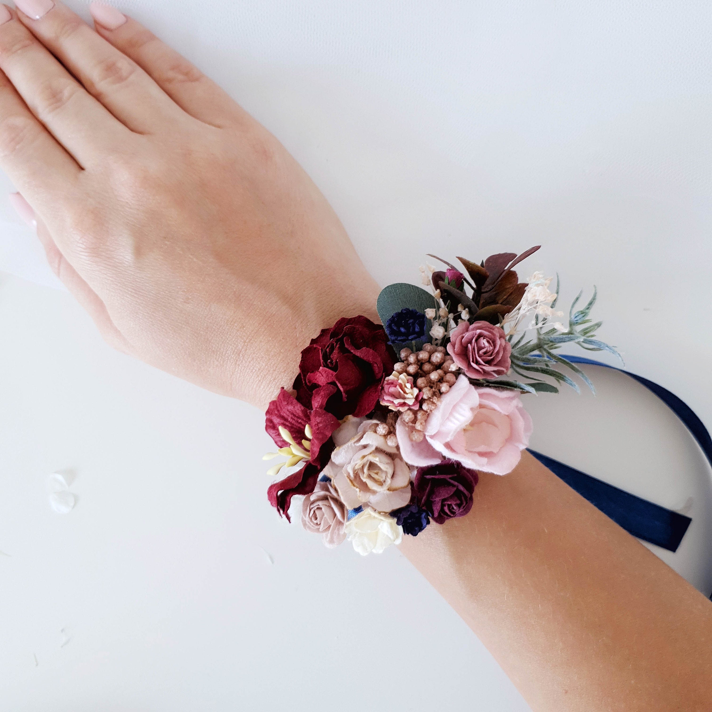 Flower wrist corsage Burgundy wrist corsage Navy flowers Etsy